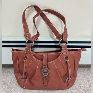 Brown Leather Mariposa Bag with Bronze Tone Details and Butterfly Print